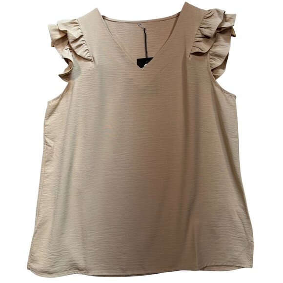 Doublju Women's V Neck Top Ruffled Short Sleeve Stretch Size L Beige Lightweight - Picture 1 of 13